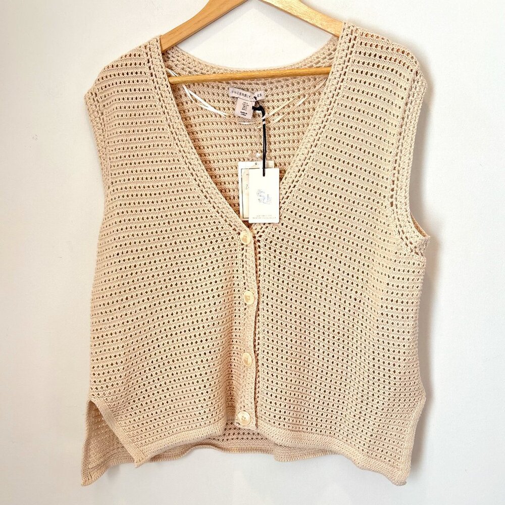 Sincerely Jules Crochet Open Knit Sleeveless Top Button SZ Large Beach Boho NEW